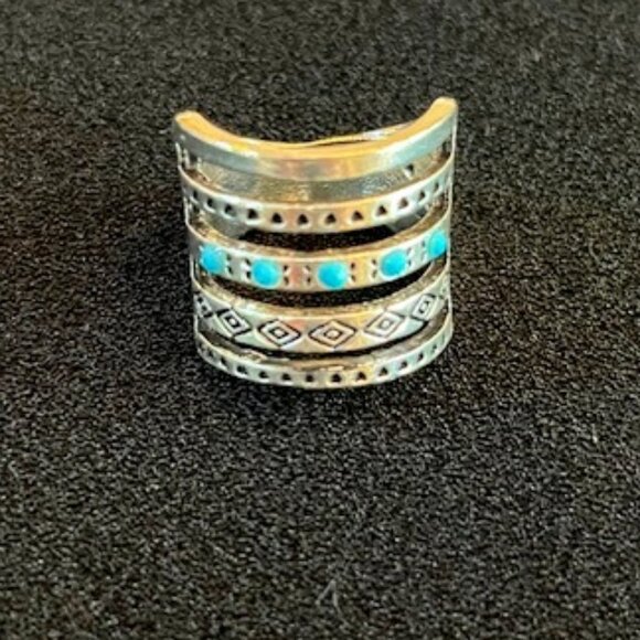 VINTAGE 5 band 925 Silver Ring Turquoise Enamel - Picture 1 of 9